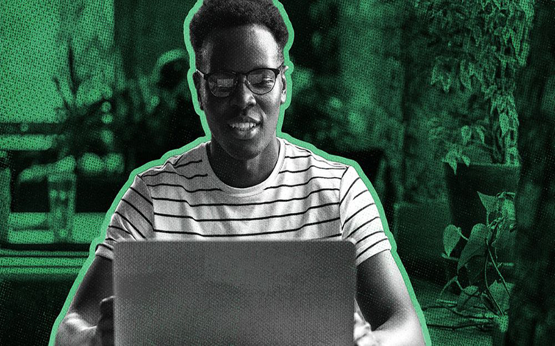 millennial black man student in stripped t shirt wear glasses watching educational webinar on laptop t20 7yK1nB copy