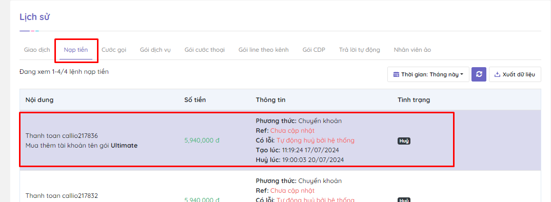 Lịch sử nạp tiền