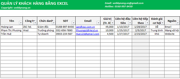Mẫu quản lý thông tin khách hàng bằng Excel