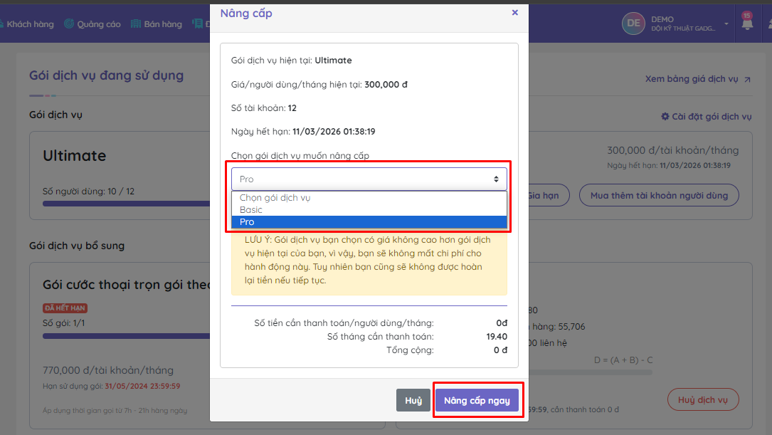 Thanh toán nâng cấp gói dịch vụ
