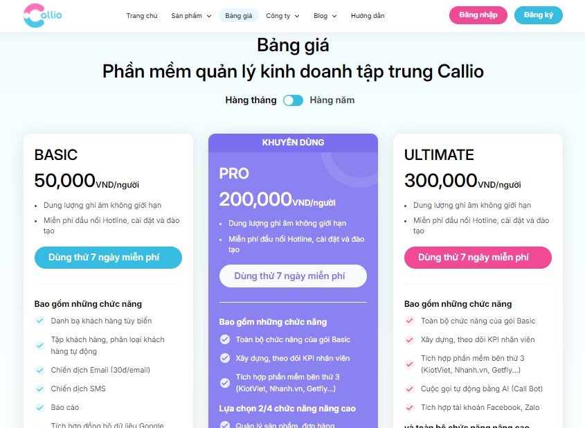 Tham khảo chi tiết bảng giá phần mềm CRM tại Callio 